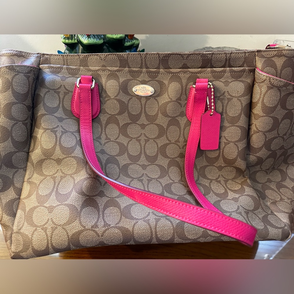 Coach Authentic Diaper Bag Brown With Pink Handles Mint - Picture 7 of 9